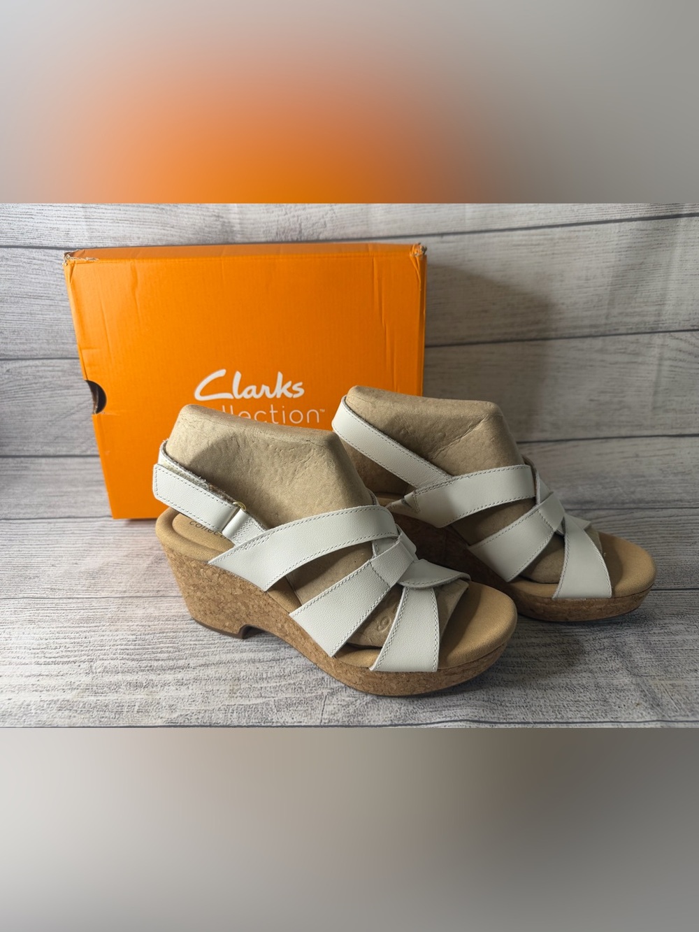 Clarks White Leather Cork Wedge Sandals with Cross Straps